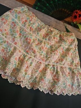 Jennifer & Grace Floral Eyelet Tiered Mini Skirt Large 100% Cotton NWOT